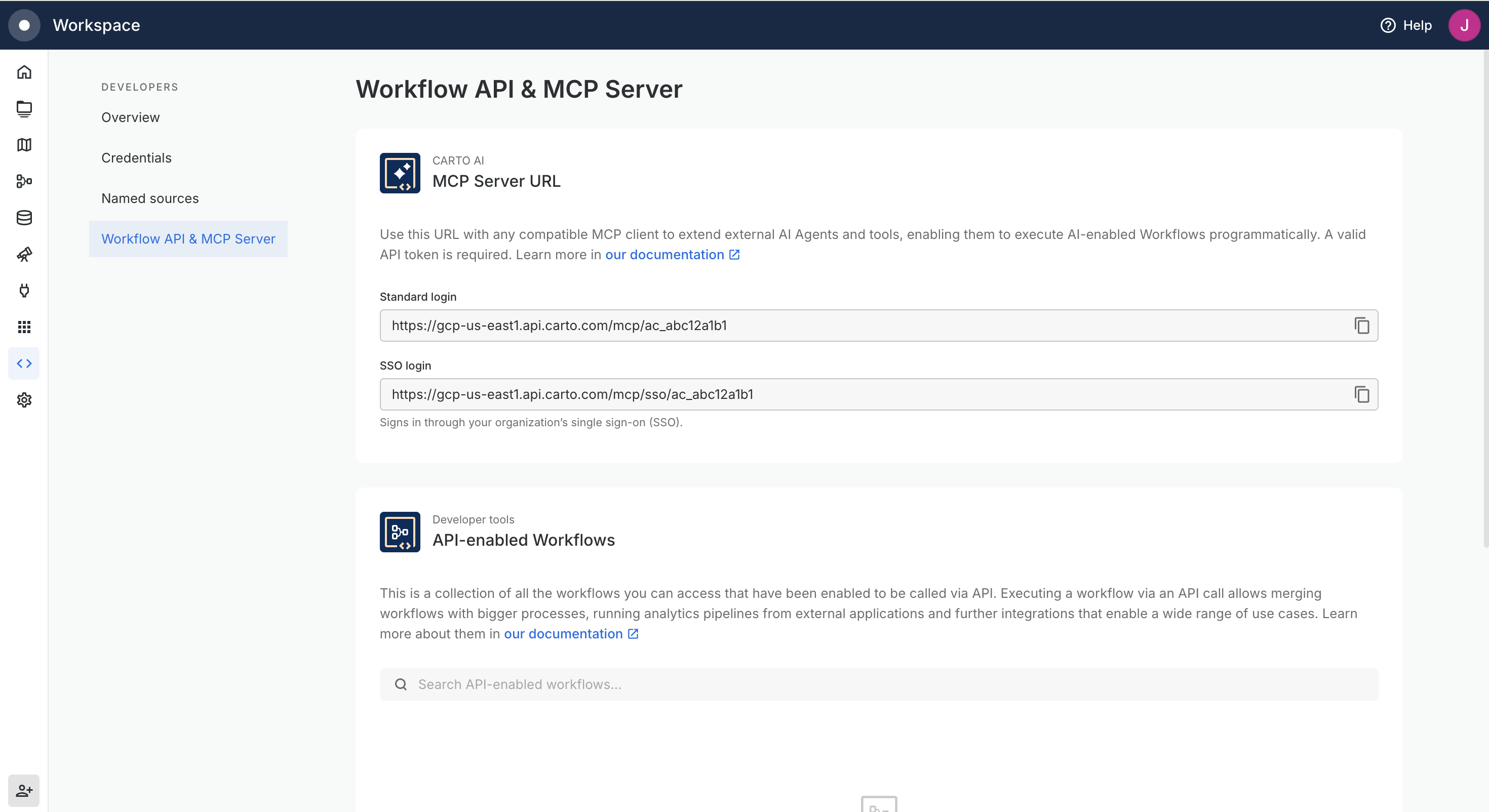 The Workflow API & MCP Server page in CARTO Workspace, showing the Standard login and SSO login MCP Server URLs