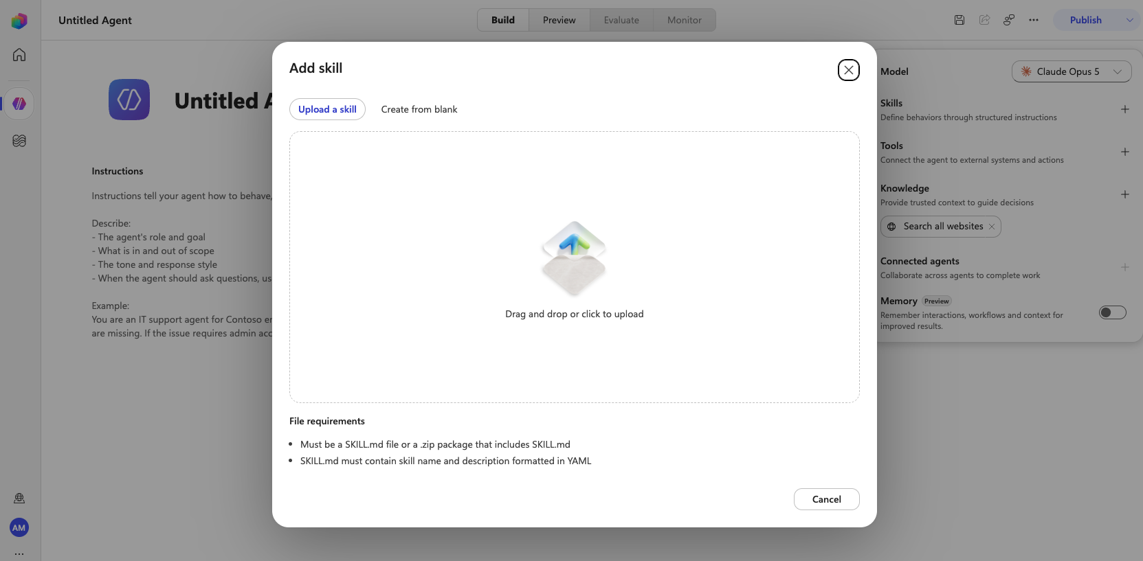 Add skill dialog in Copilot Studio with the Upload a skill tab selected