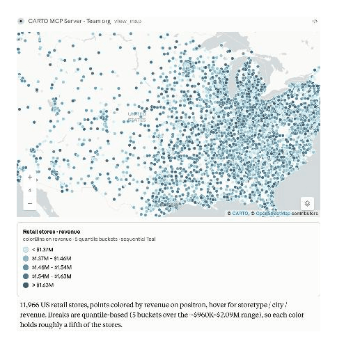 An agent building a CARTO map from a prompt and rendering it inline in the conversation
